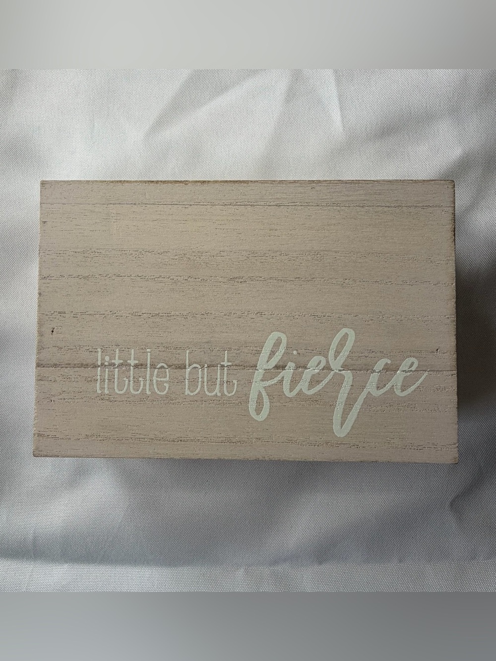 Rustic pink wooden block sign with the phrase "little but‎ fierce" in script
